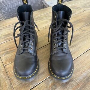 Dr. Martens Black Leather Boots with Yellow Stitching